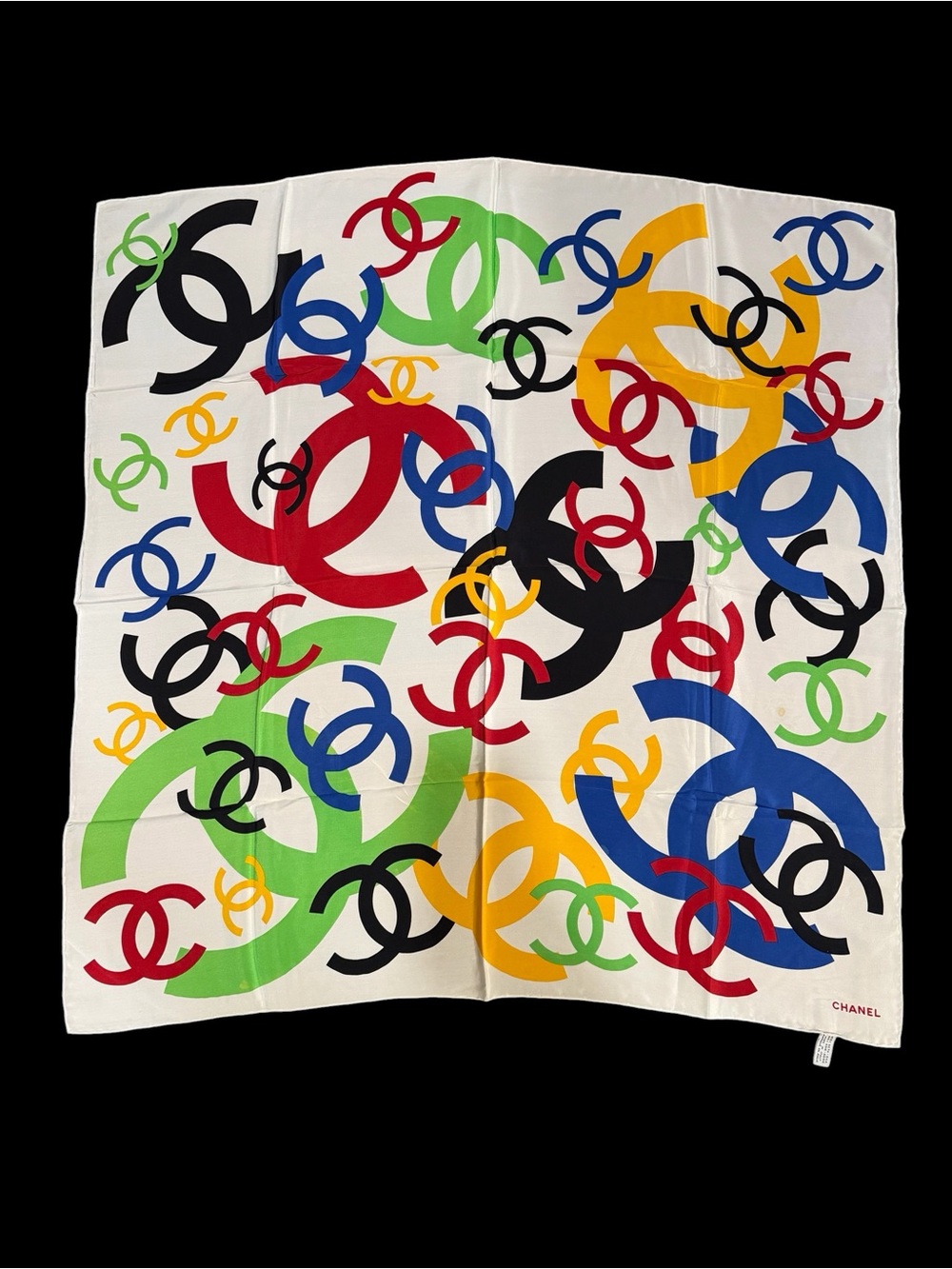 CHANEL Multicolor CC Logo Silk Scarf - White, Red, Blue, Yellow, Green, Black - Picture 2 of 8